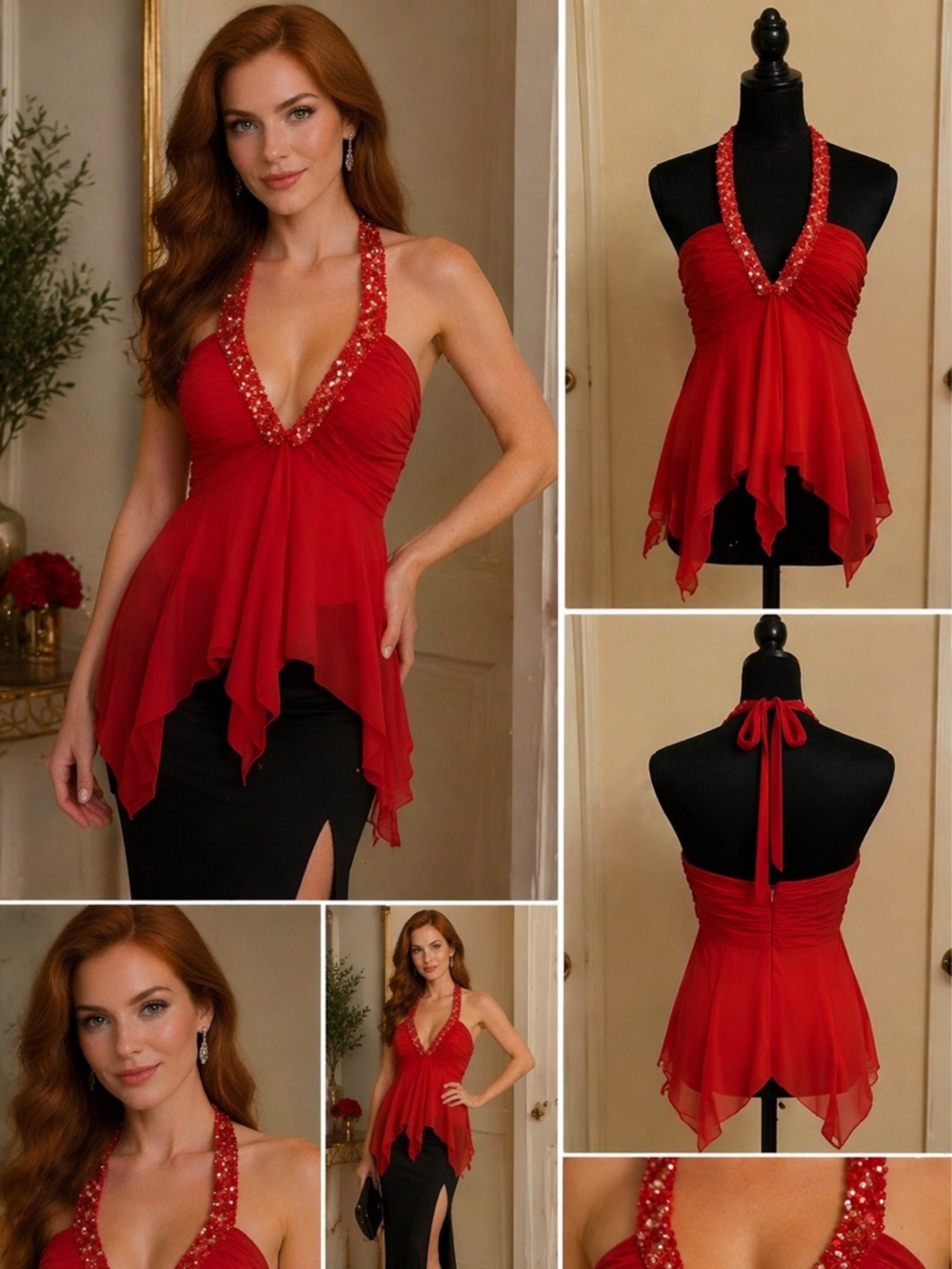 Vintage Y2K Red Beaded Halter Chiffon Top Fairycore Size 6 - Picture 11 of 11
